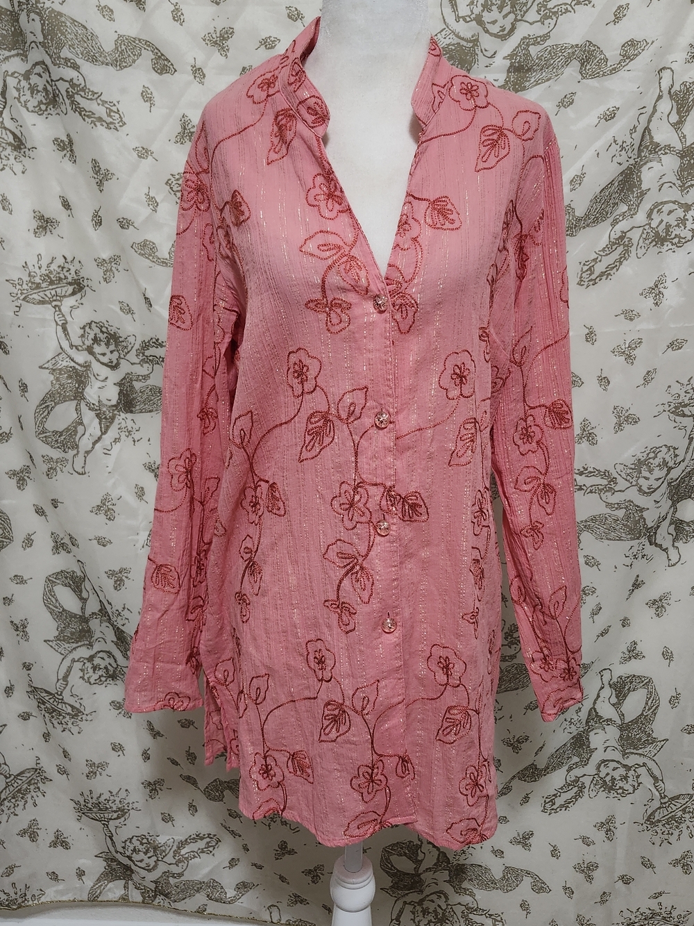 Susan Graver Pink Floral Embroidered Tunic L